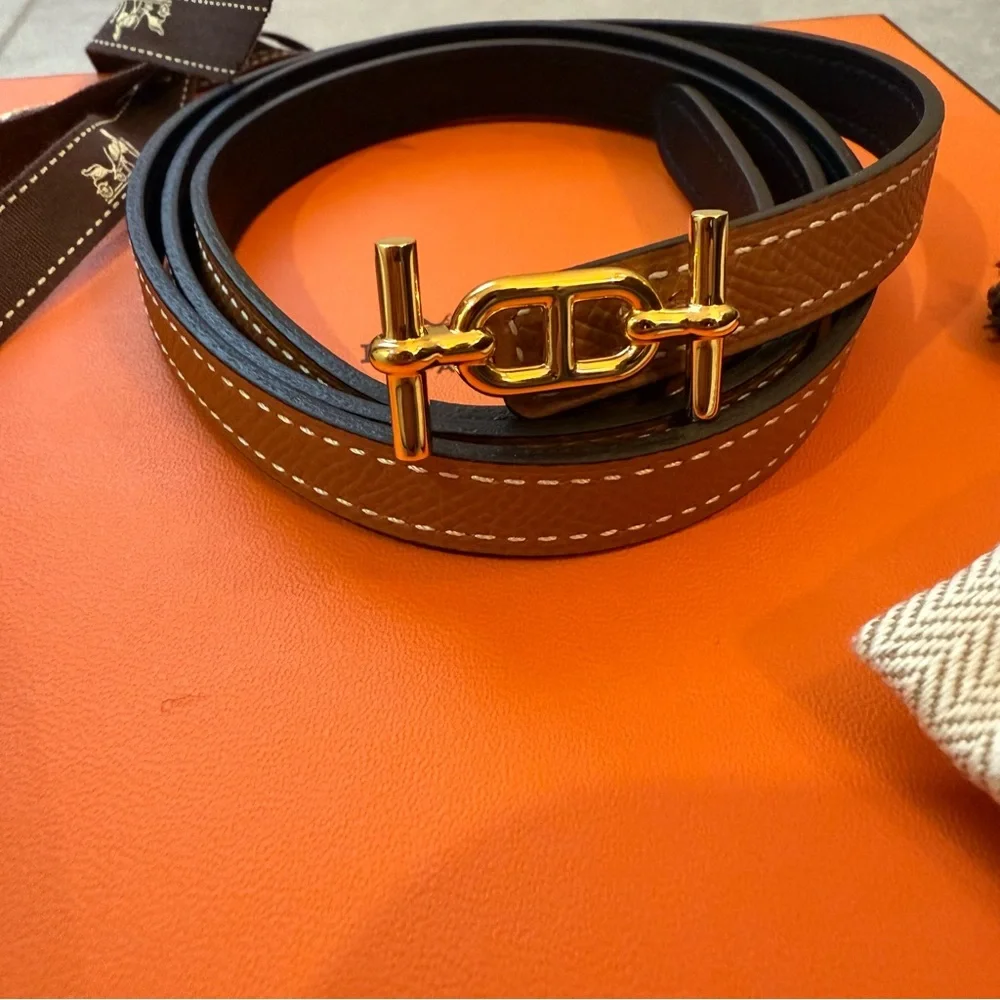 Hermes Reversible Calfskin Leather Strap Belt 13mm with Ancre Buckle in Gold - Picture 5 of 6